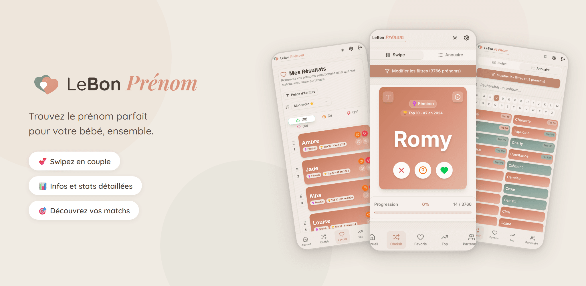 Aperçu de l'application mobile Le Bon Prénom sur smartphone