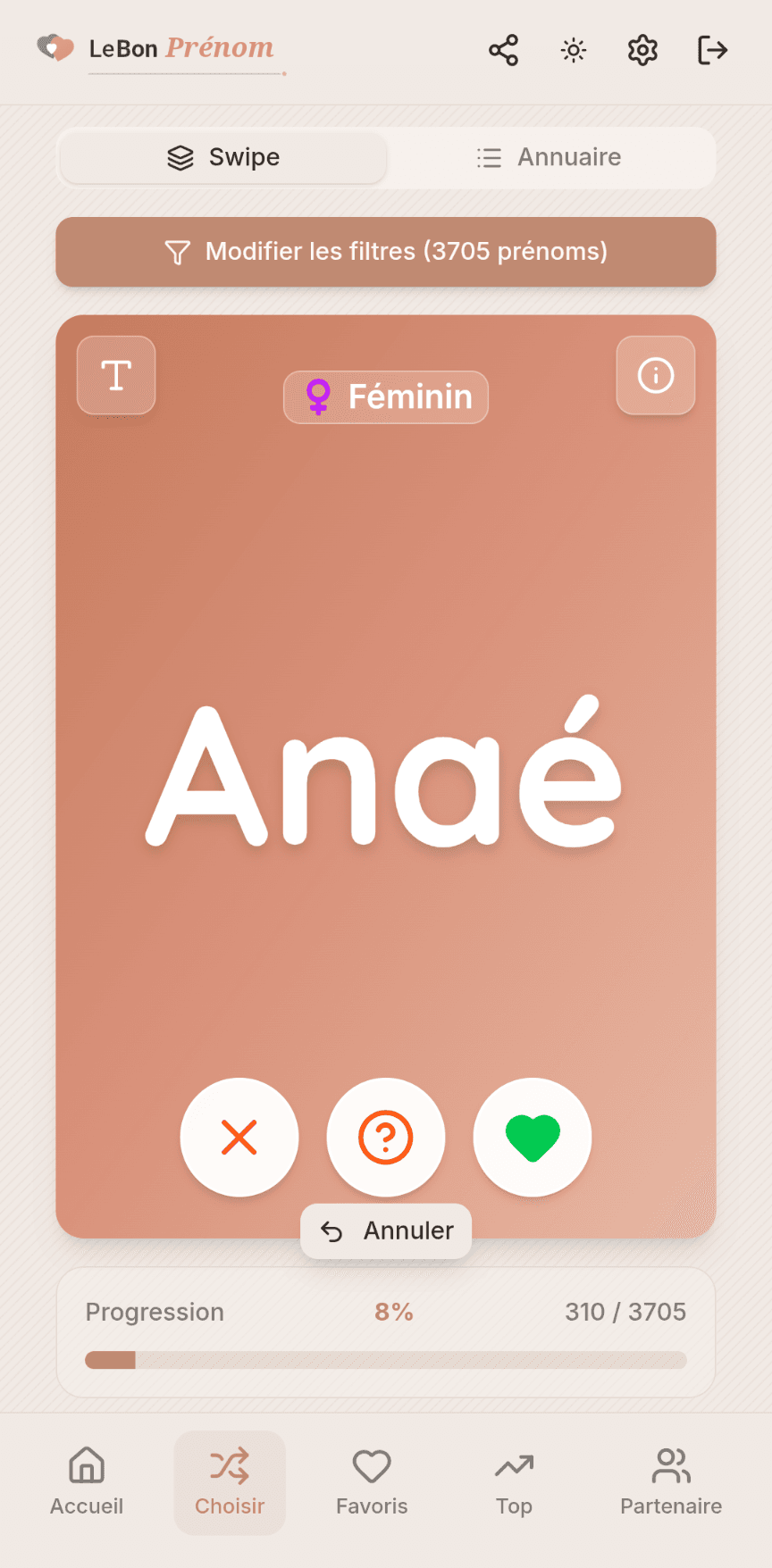 Swipez les prénoms un par un dans l'application