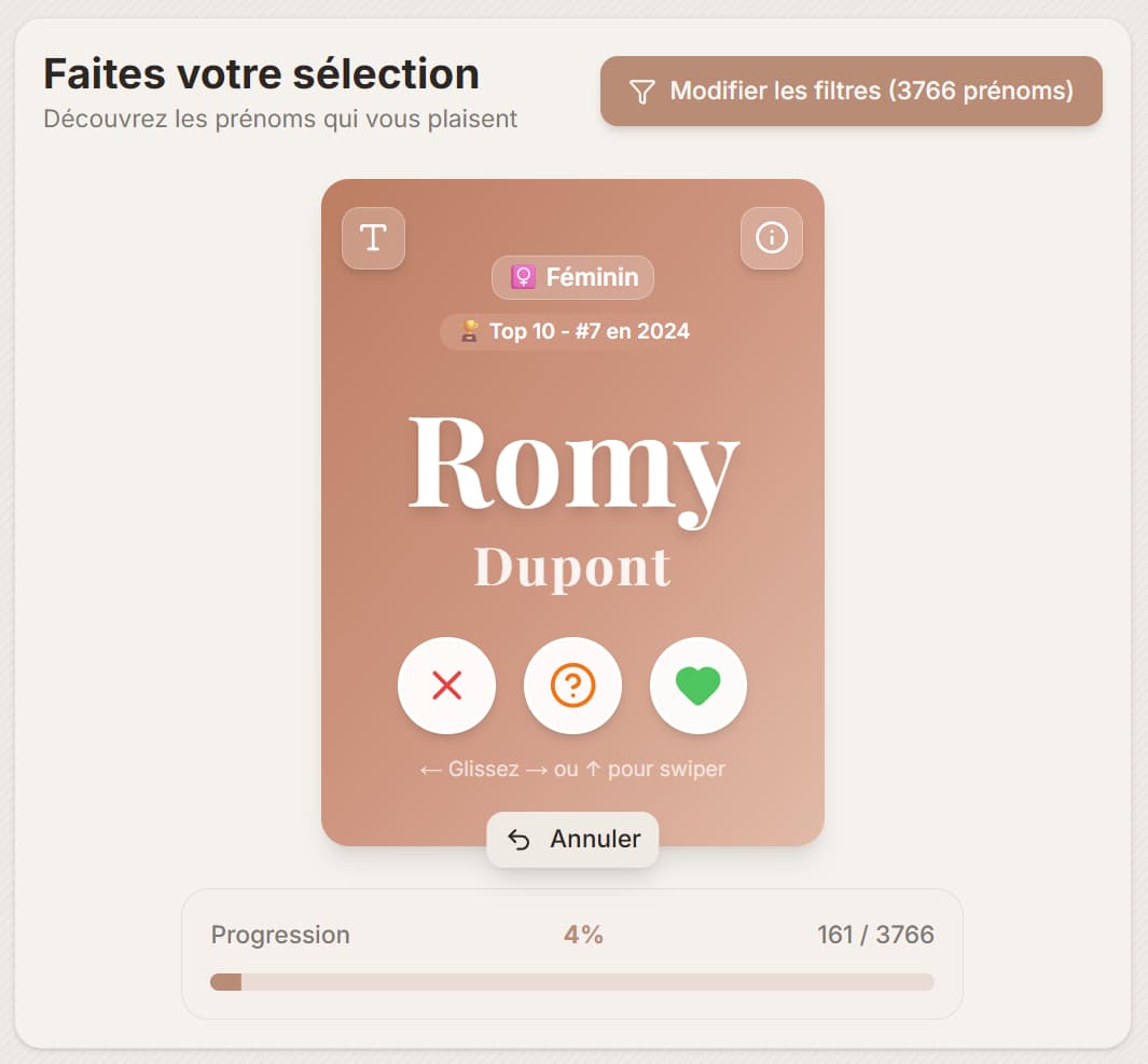Interface de swipe - Découvrez les prénoms un par un